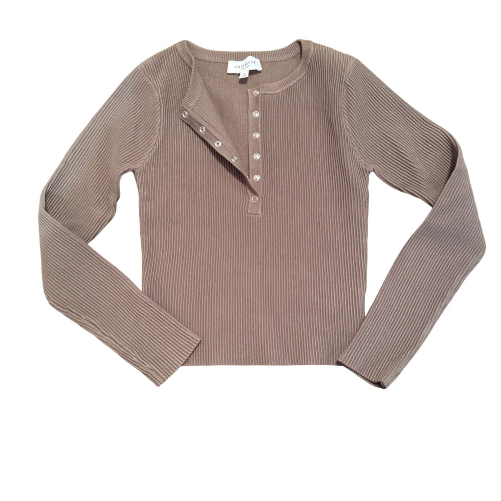 Promise The Label Size S Snap Neck Long Sleeve Henley Brown Ribbed Stretch Basic
